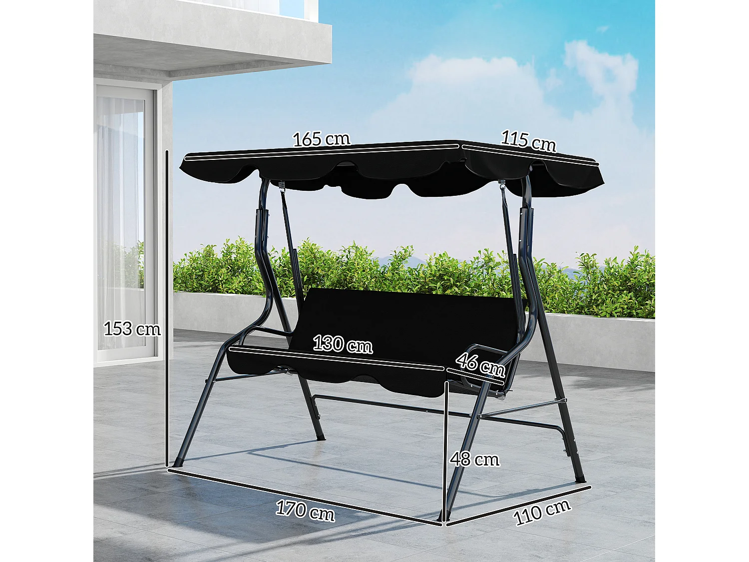 Dondolo 3 posti con tettuccio regolabile e cuscini nero