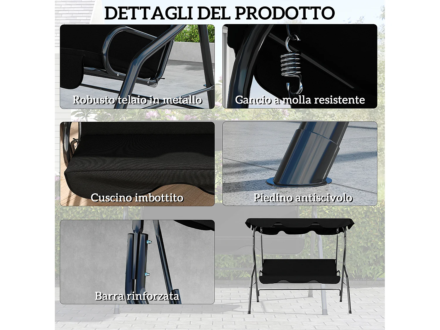 Dondolo 3 posti con tettuccio regolabile e cuscini nero