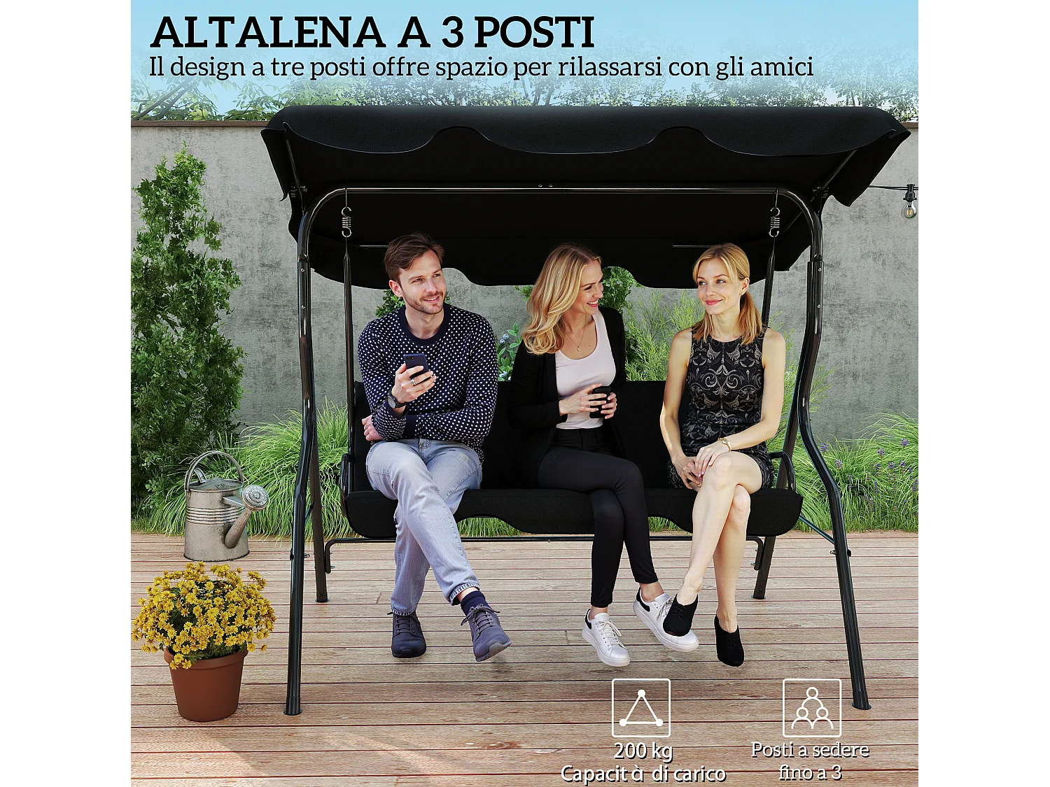 Dondolo 3 posti con tettuccio regolabile e cuscini nero