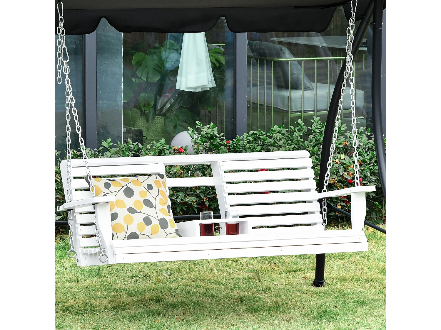 Dondolo 3 posti da esterno con tavolino e portabicchieri bianco