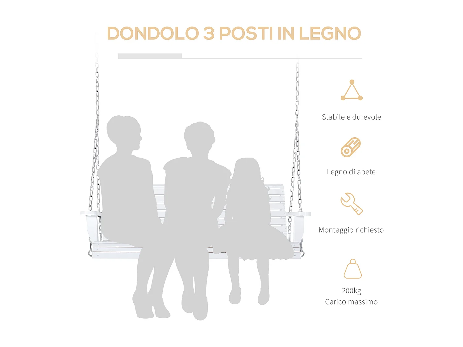 Dondolo 3 posti da esterno con tavolino e portabicchieri bianco