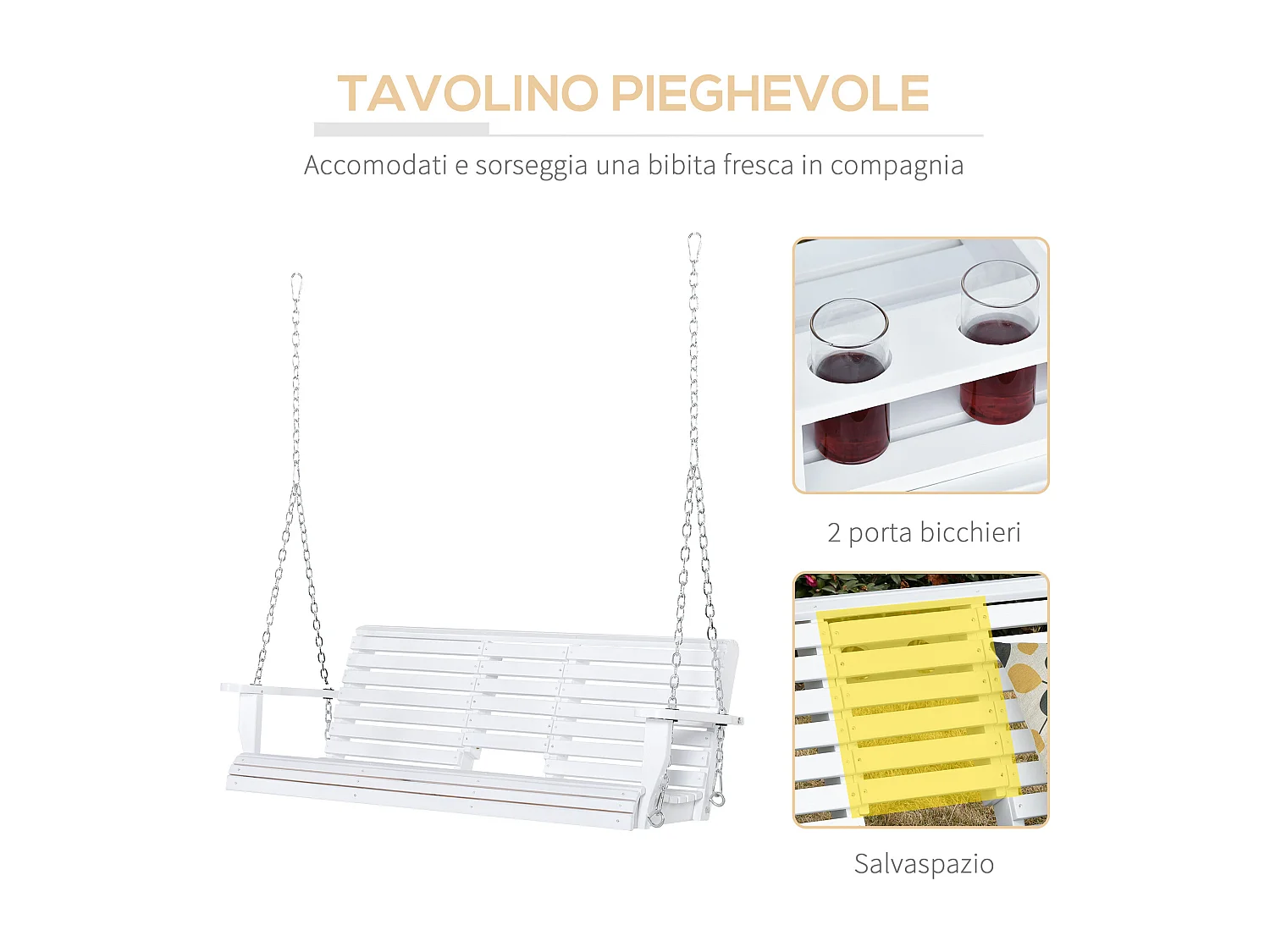 Dondolo 3 posti da esterno con tavolino e portabicchieri bianco