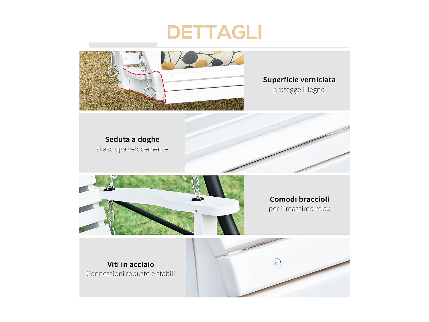 Dondolo 3 posti da esterno con tavolino e portabicchieri bianco