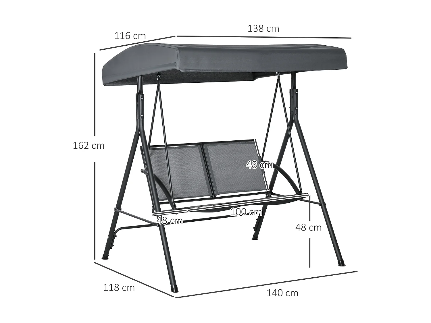 Dondolo a 2 posti da giardino tettuccio regolabile grigio