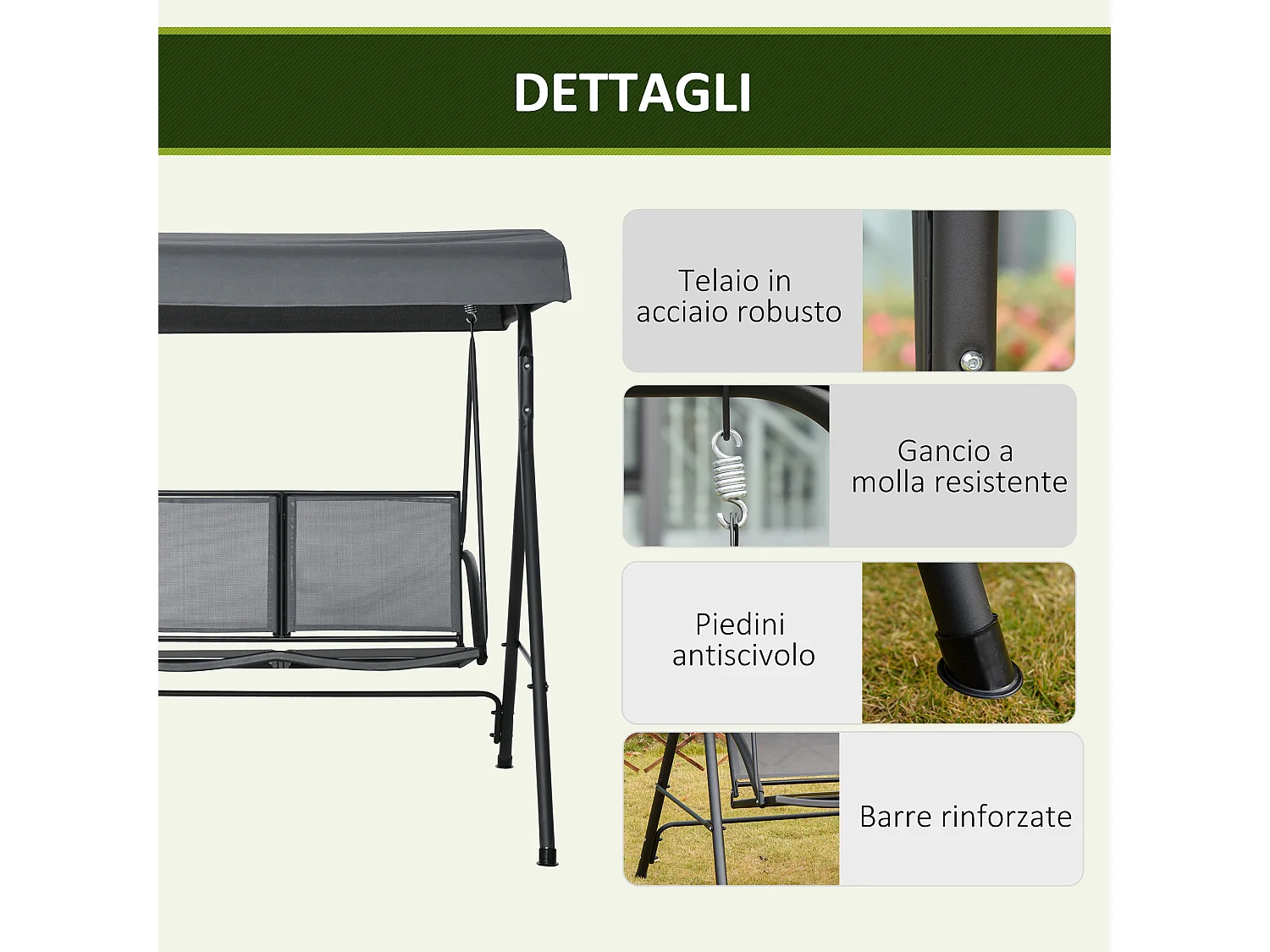 Dondolo a 2 posti da giardino tettuccio regolabile grigio
