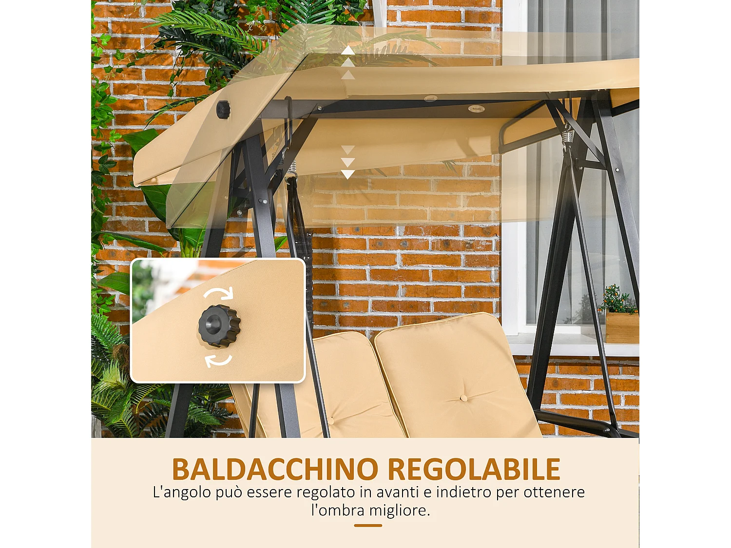 Dondolo 2 posti in acciaio con tettuccio regolabile e cuscini beige