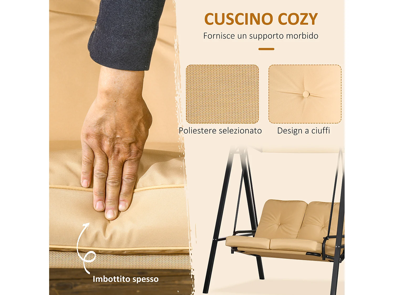 Dondolo 2 posti in acciaio con tettuccio regolabile e cuscini beige