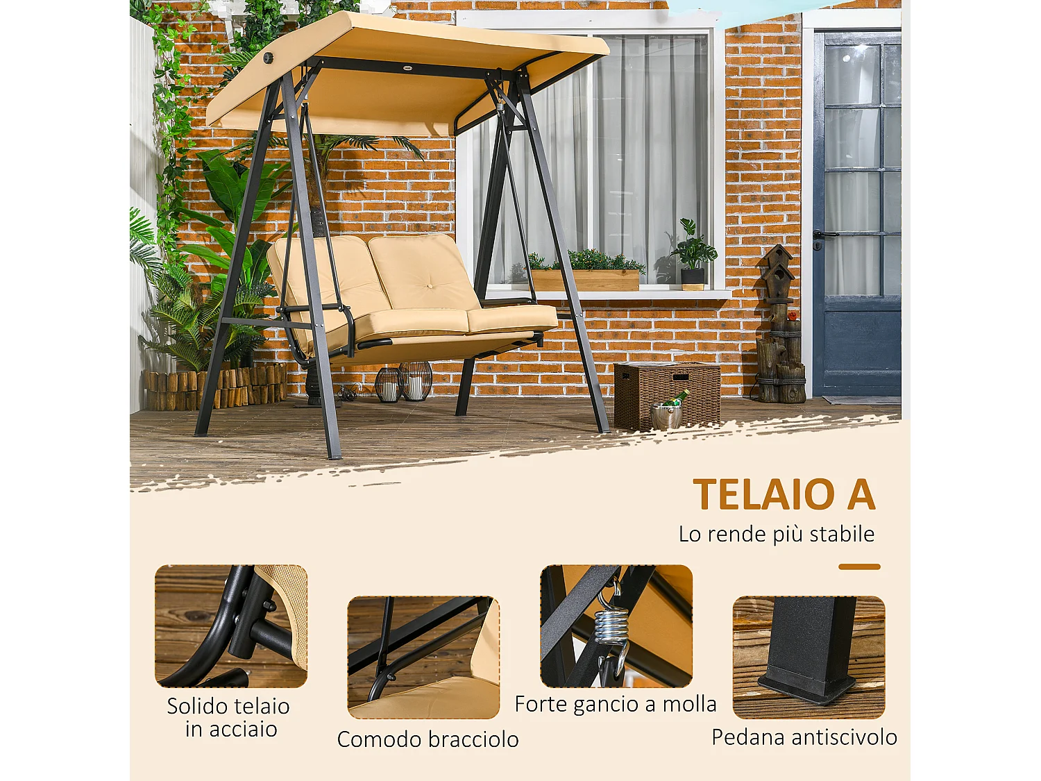 Dondolo 2 posti in acciaio con tettuccio regolabile e cuscini beige