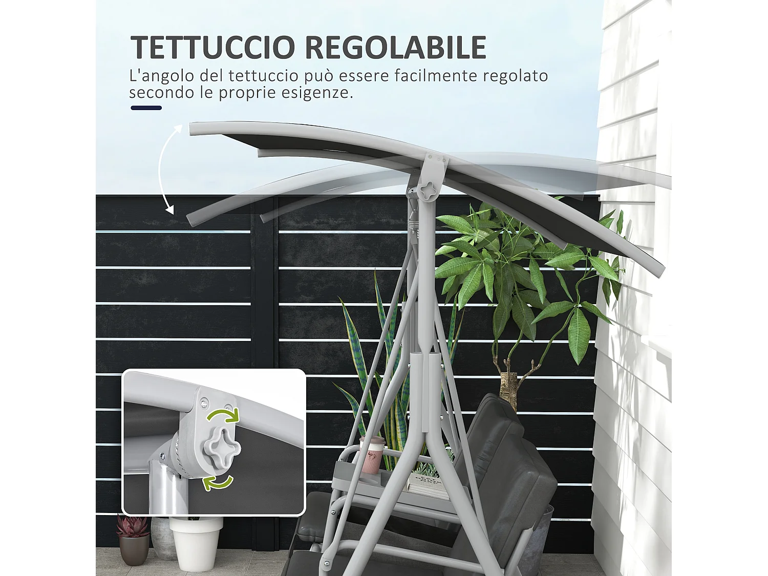 Dondolo 2 posti con tavolino e porta bicchieri in metallo e poliestere