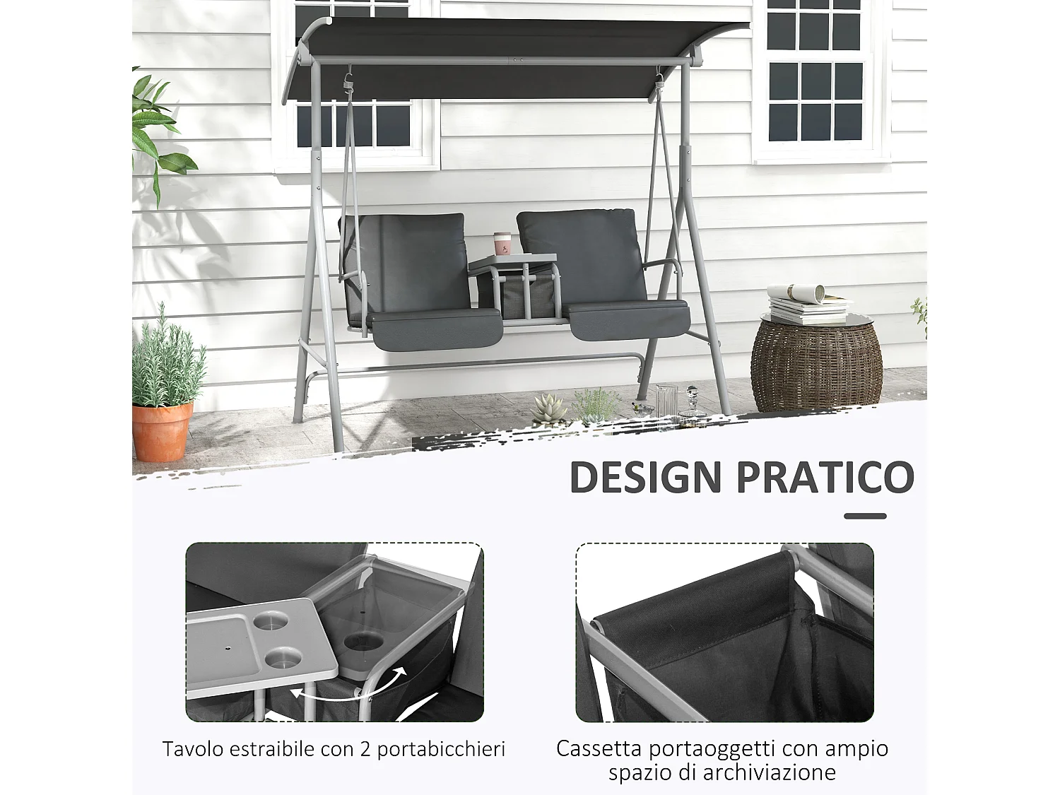 Dondolo 2 posti con tavolino e porta bicchieri in metallo e poliestere