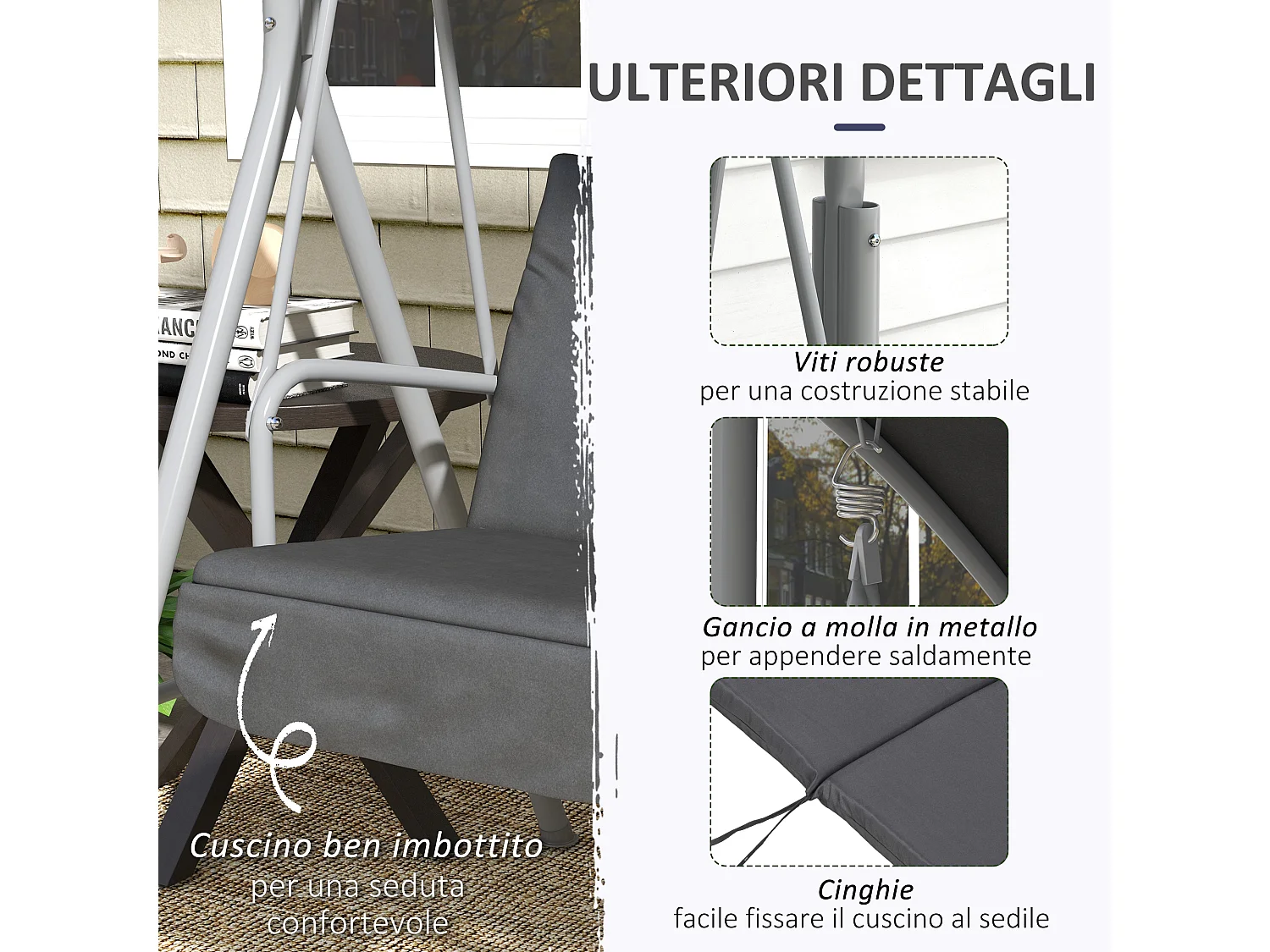 Dondolo 2 posti con tavolino e porta bicchieri in metallo e poliestere