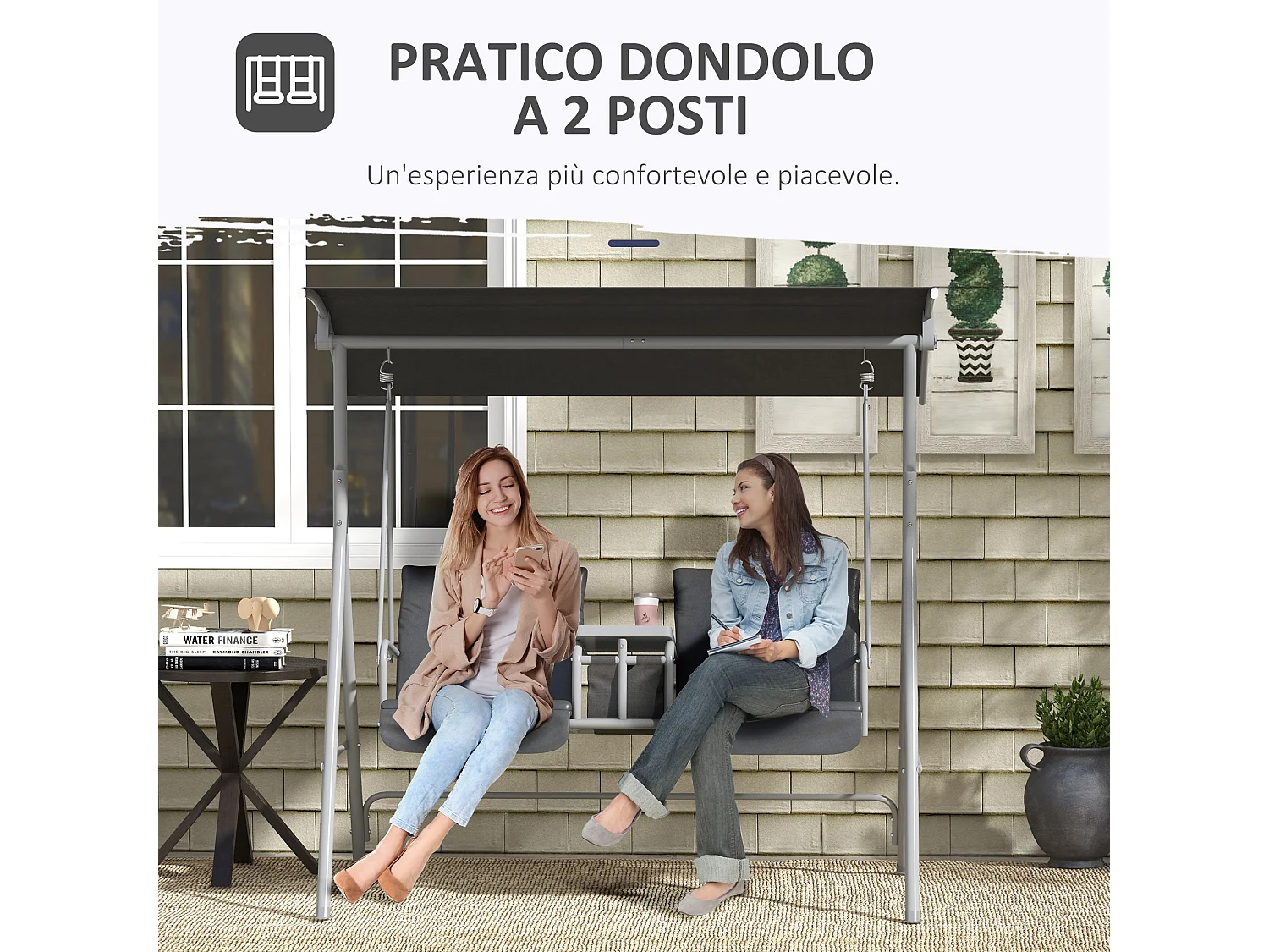 Dondolo 2 posti con tavolino e porta bicchieri in metallo e poliestere