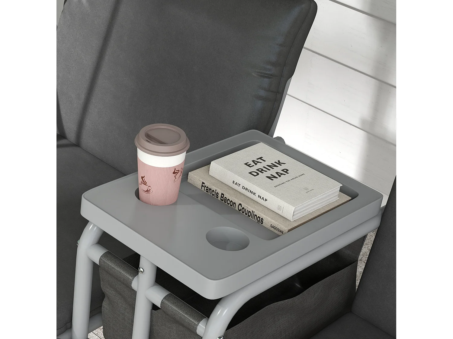 Dondolo 2 posti con tavolino e porta bicchieri in metallo e poliestere