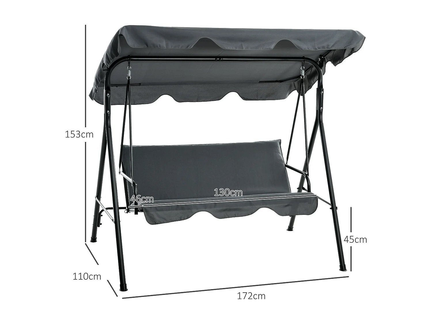 Dondolo 3 posti da giardino con tettuccio regolabile grigio