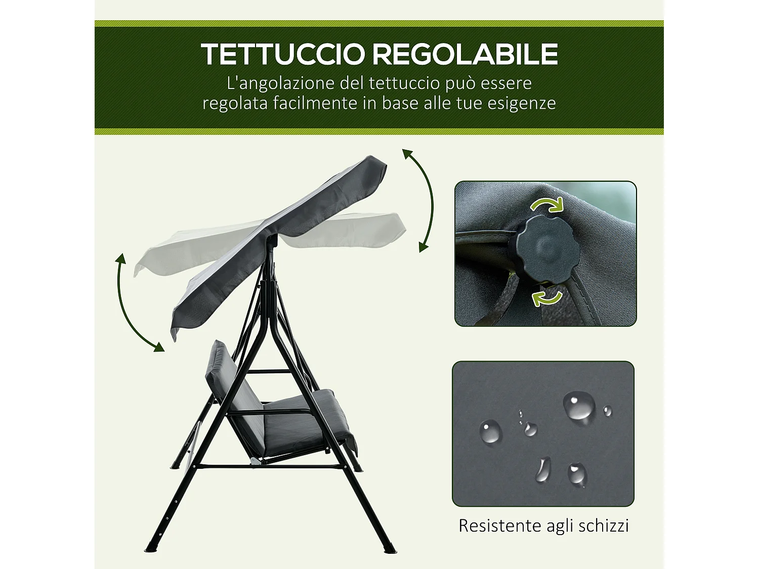 Dondolo 3 posti da giardino con tettuccio regolabile grigio