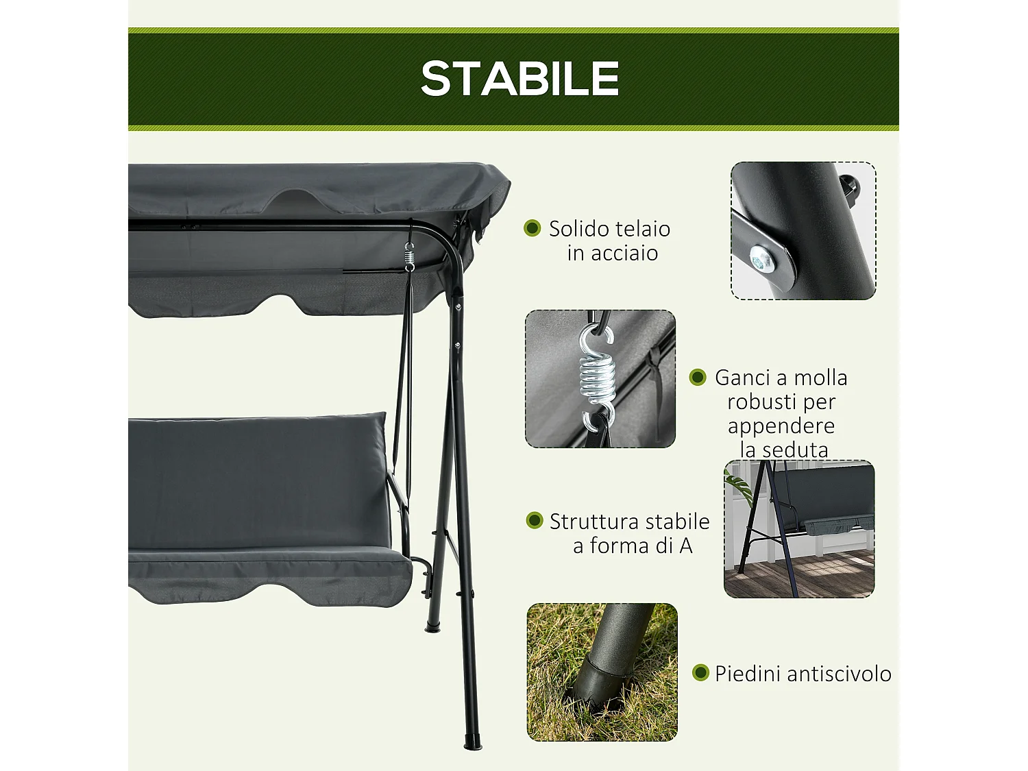 Dondolo 3 posti da giardino con tettuccio regolabile grigio