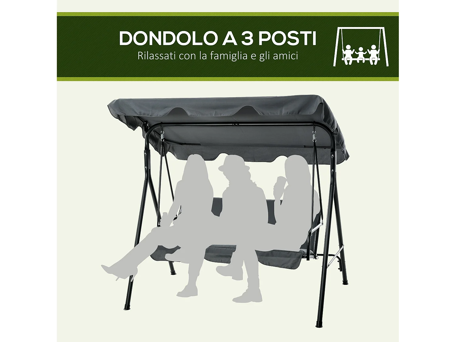 Dondolo 3 posti da giardino con tettuccio regolabile grigio