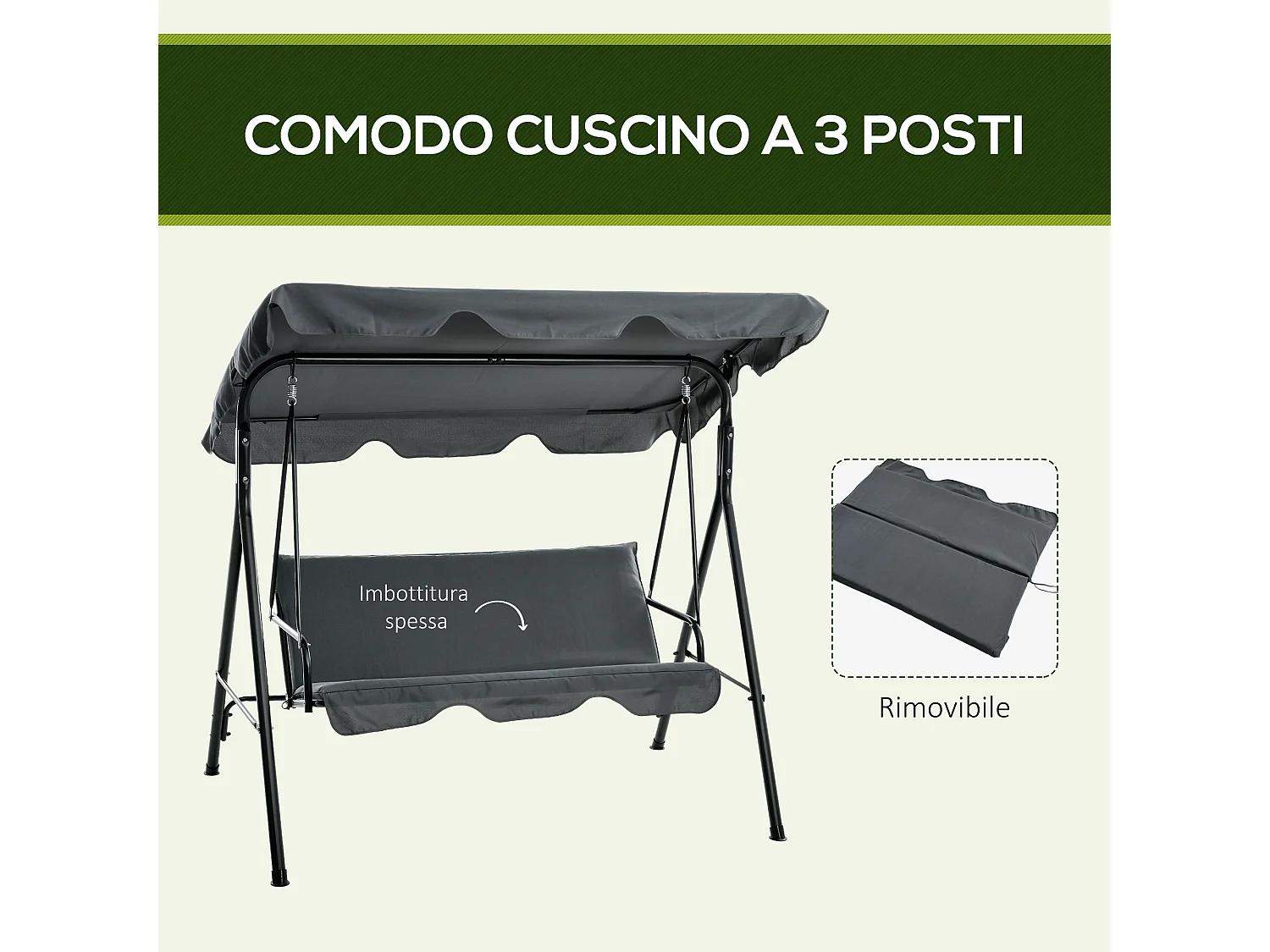 Dondolo 3 posti da giardino con tettuccio regolabile grigio