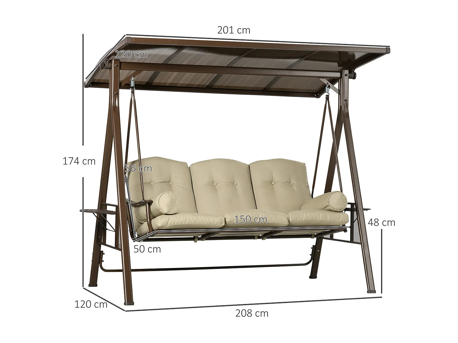 Dondolo da giardino 3 posti con tettuccio inclinabile cuscini