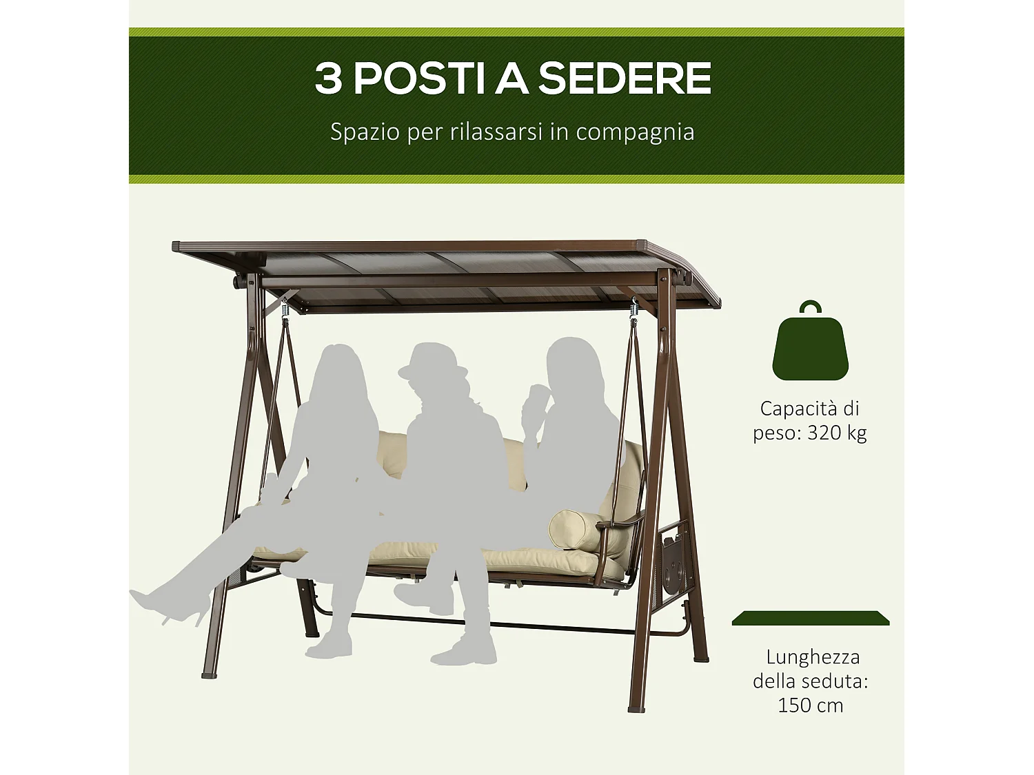 Dondolo da giardino 3 posti con tettuccio inclinabile cuscini