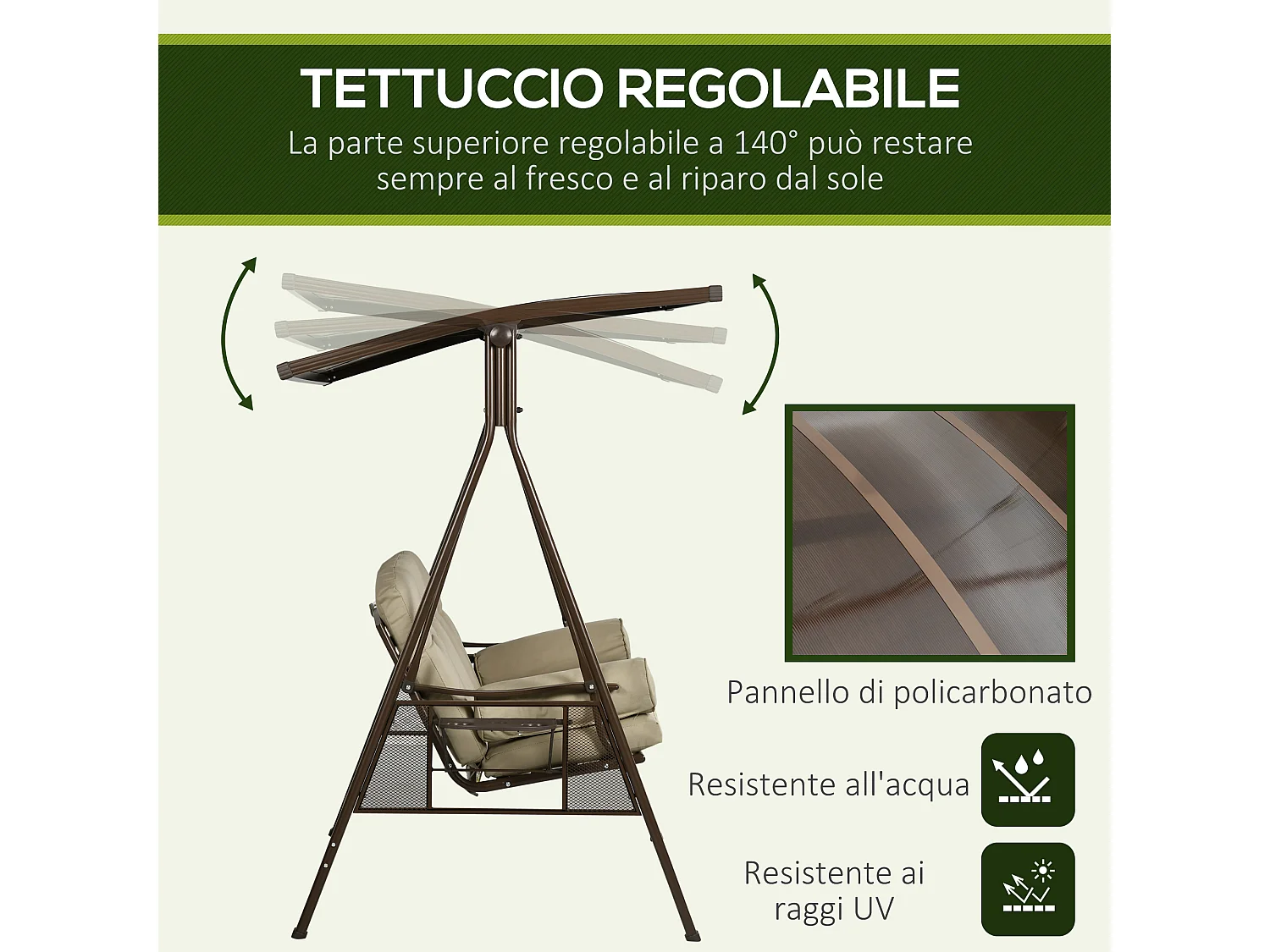 Dondolo da giardino 3 posti con tettuccio inclinabile cuscini