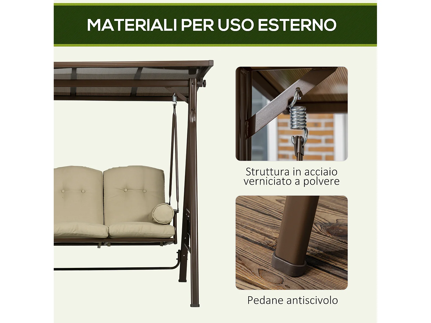 Dondolo da giardino 3 posti con tettuccio inclinabile cuscini