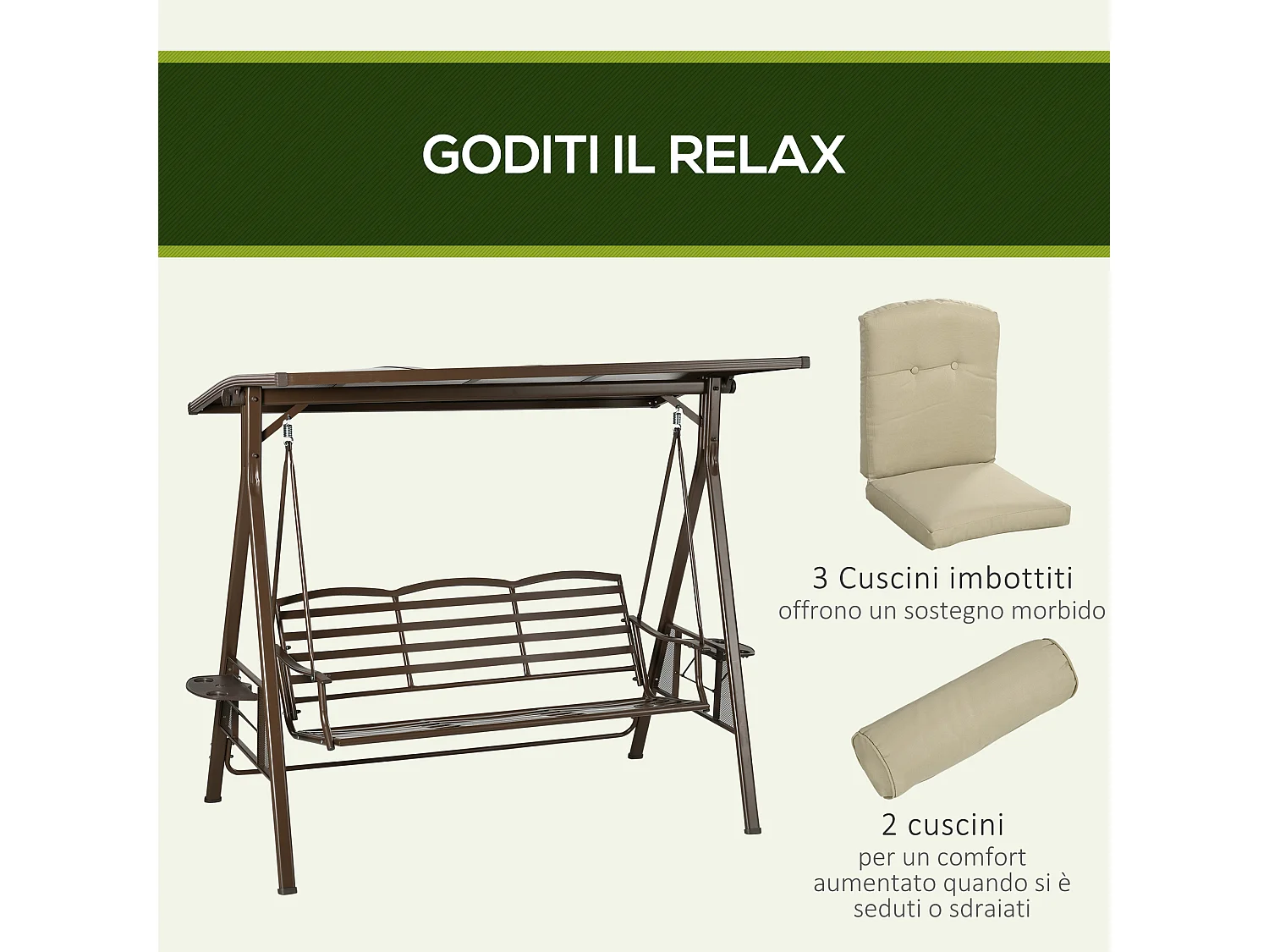 Dondolo da giardino 3 posti con tettuccio inclinabile cuscini