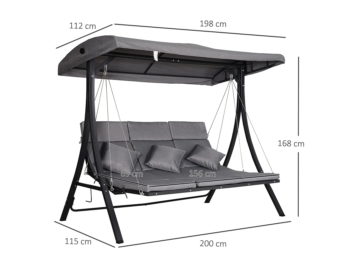 Dondolo 3 Posti da Giardino con Tettuccio Regolabile e Cuscini in Texteline e Metallo
