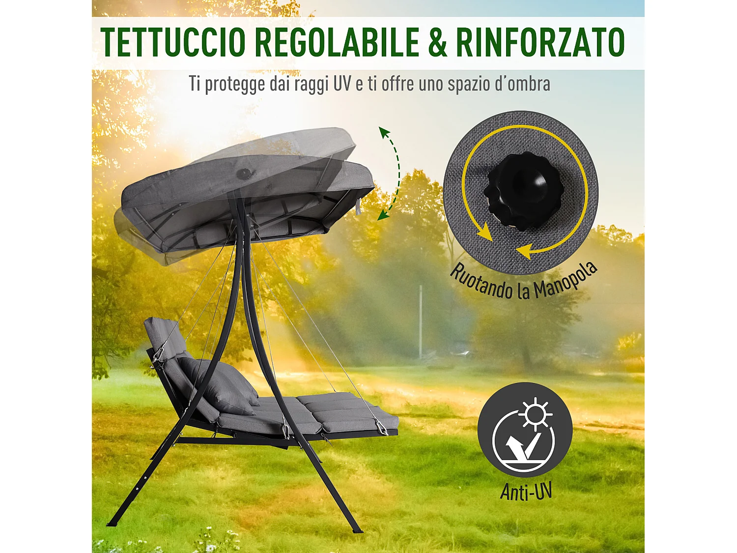 Dondolo 3 Posti da Giardino con Tettuccio Regolabile e Cuscini in Texteline e Metallo