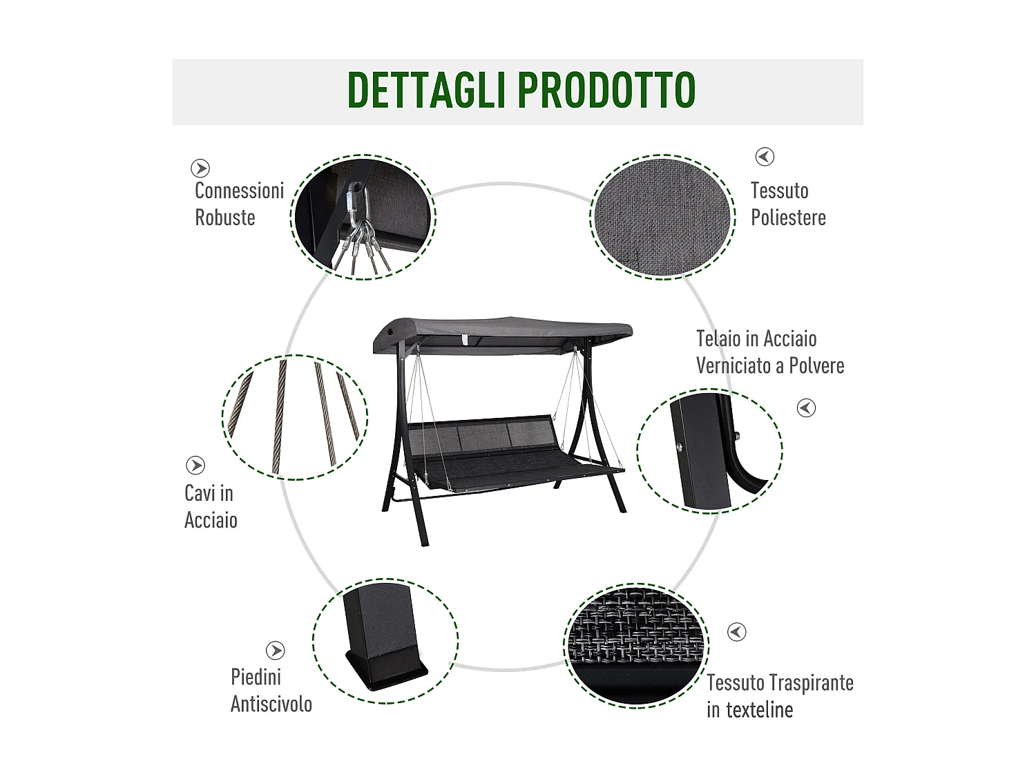 Dondolo 3 Posti da Giardino con Tettuccio Regolabile e Cuscini in Texteline e Metallo