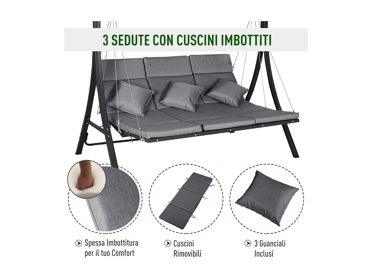 Dondolo 3 Posti da Giardino con Tettuccio Regolabile e Cuscini in Texteline e Metallo