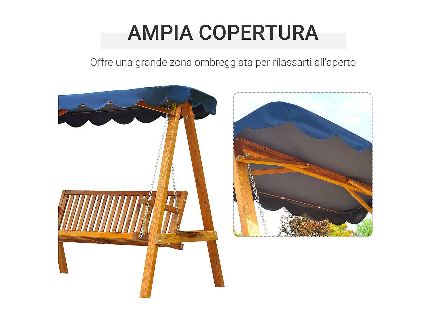 Dondolo Da Giardino 3 Posti In Legno Con Baldacchino 210X130X185Cm