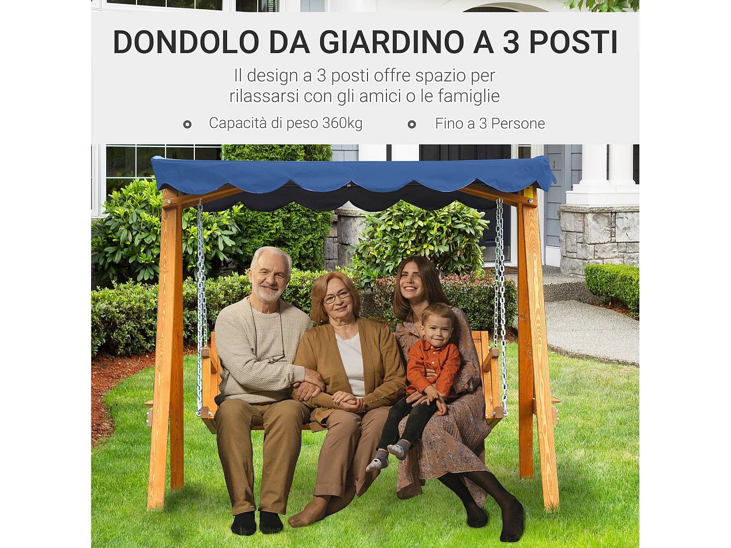 Dondolo Da Giardino 3 Posti In Legno Con Baldacchino 210X130X185Cm