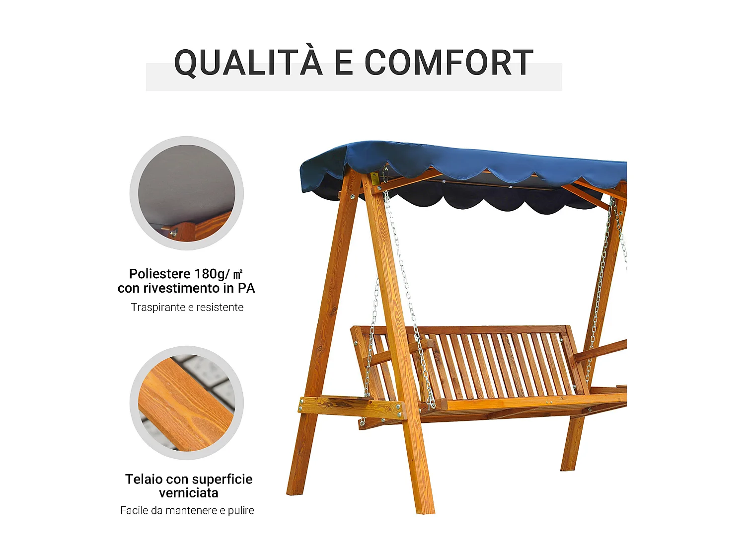 Dondolo Da Giardino 3 Posti In Legno Con Baldacchino 210X130X185Cm