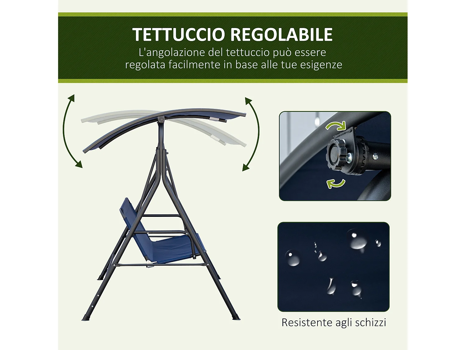 Dondolo da giardino 3 posti con tettuccio regolabile blu scuro