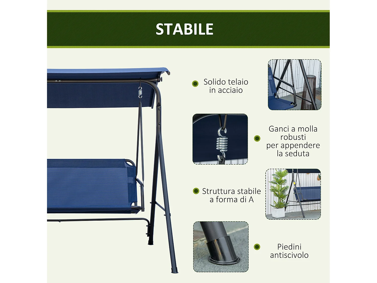 Dondolo da giardino 3 posti con tettuccio regolabile blu scuro