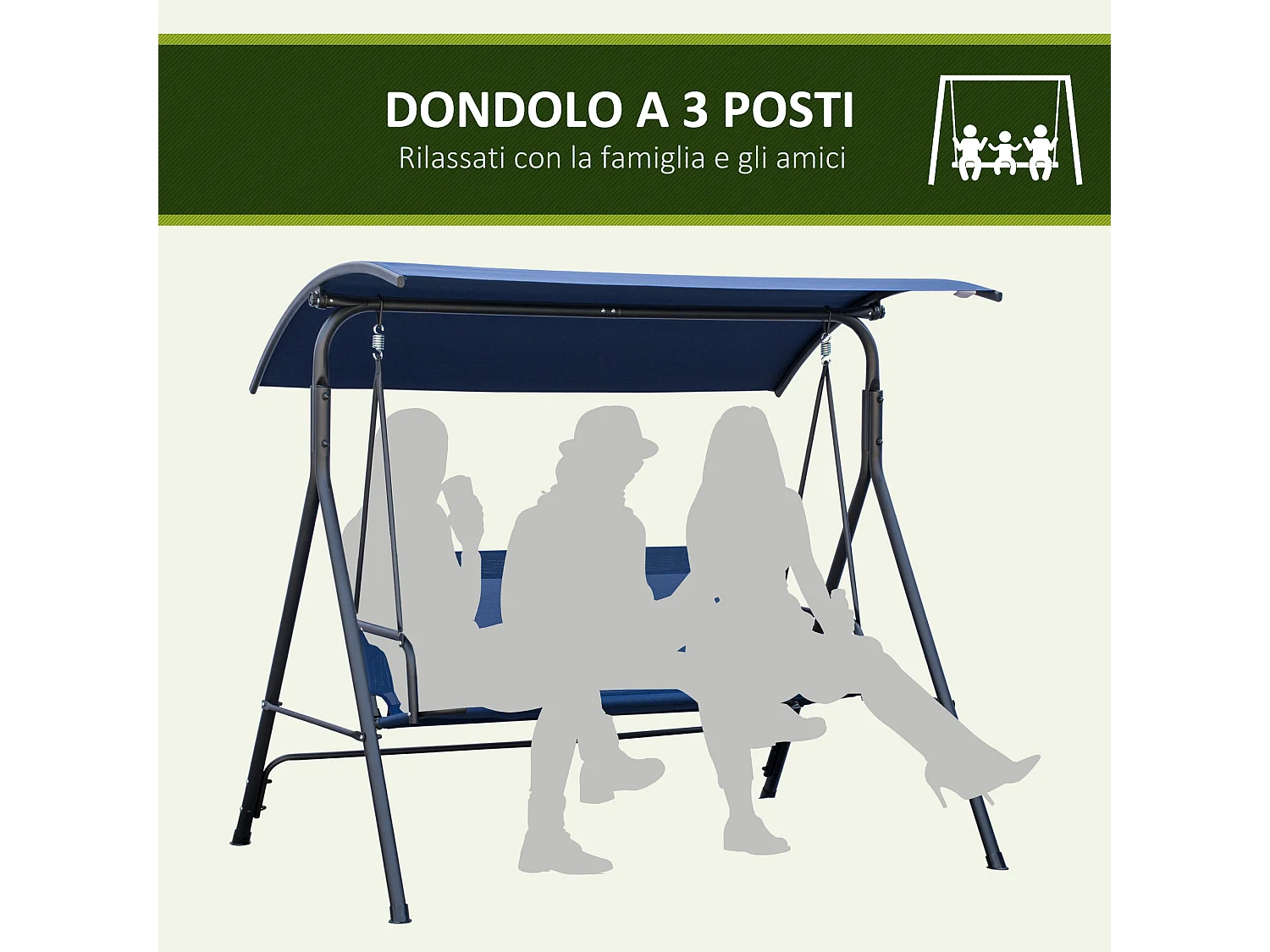Dondolo da giardino 3 posti con tettuccio regolabile blu scuro