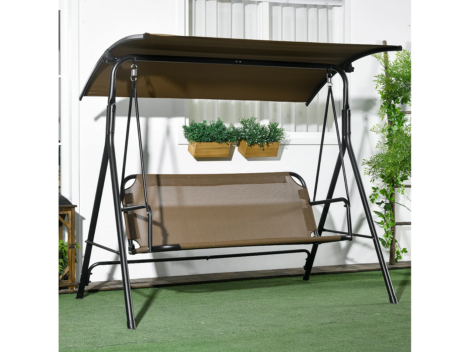 Dondolo da giardino 3 posti con tetto regolabile marrone e grigio