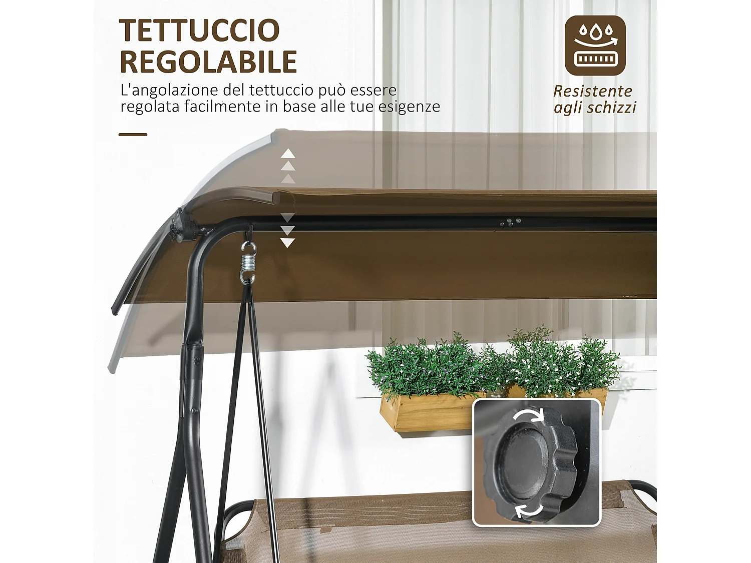 Dondolo da giardino 3 posti con tetto regolabile marrone e grigio