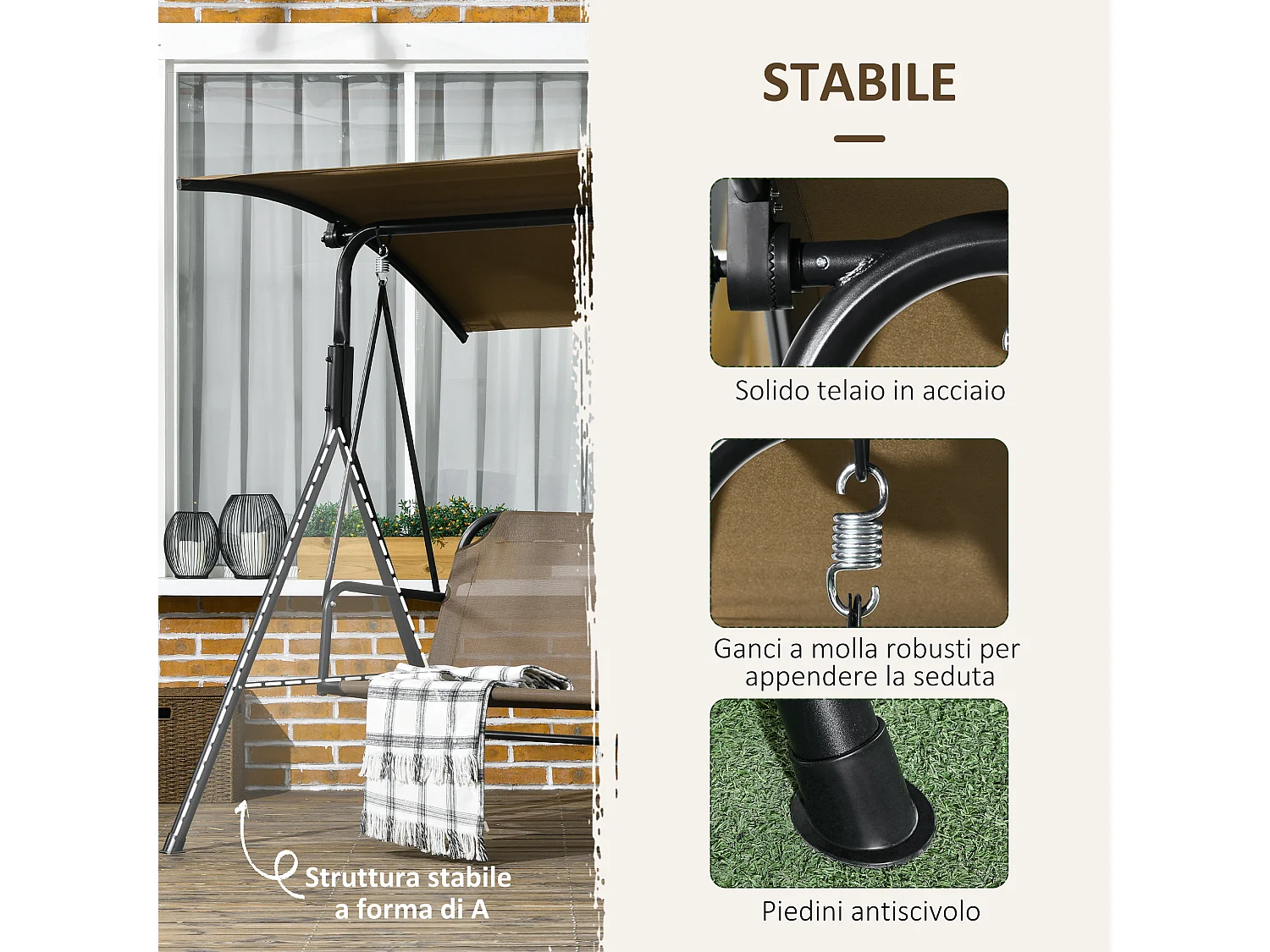 Dondolo da giardino 3 posti con tetto regolabile marrone e grigio