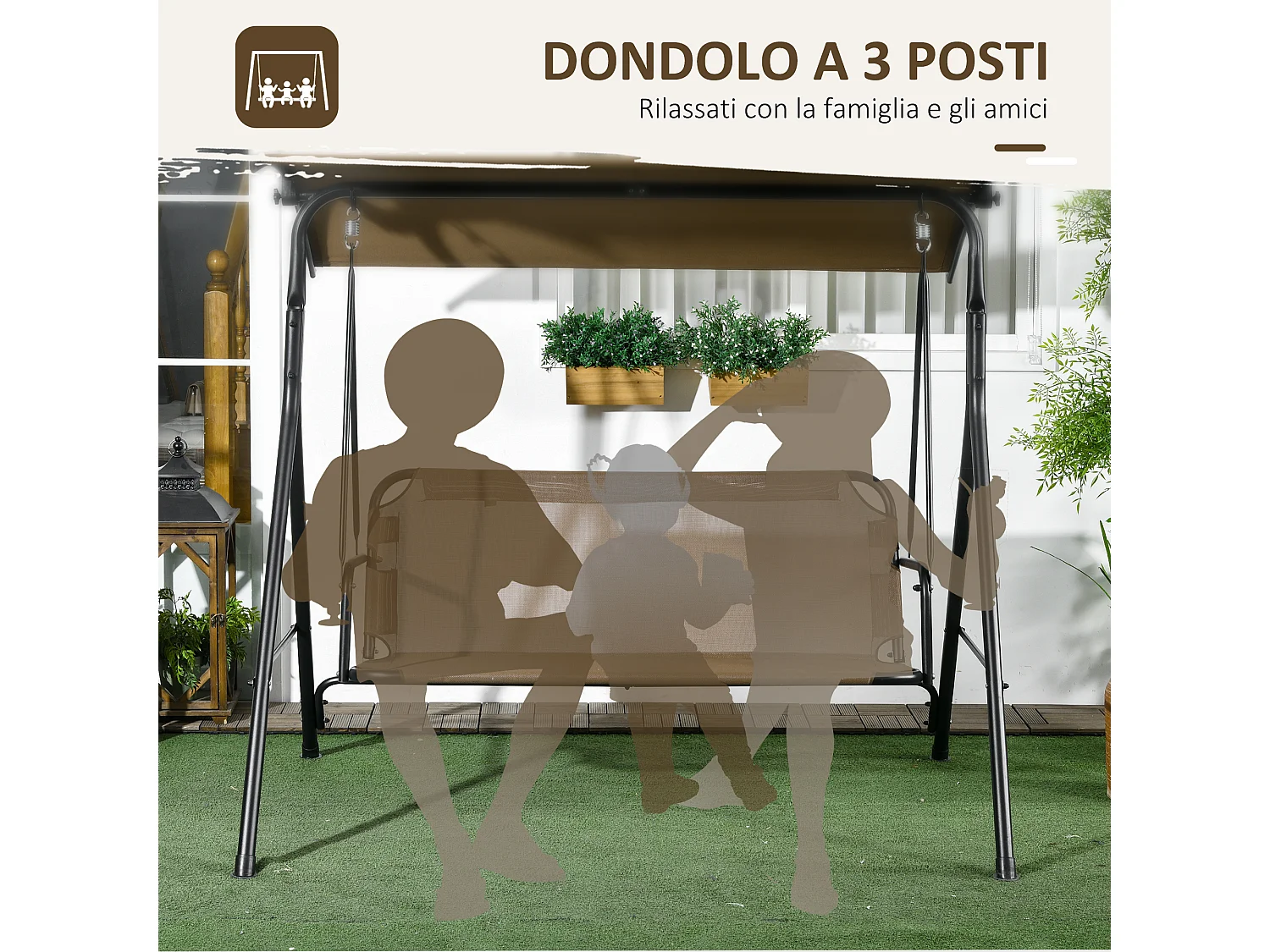 Dondolo da giardino 3 posti con tetto regolabile marrone e grigio