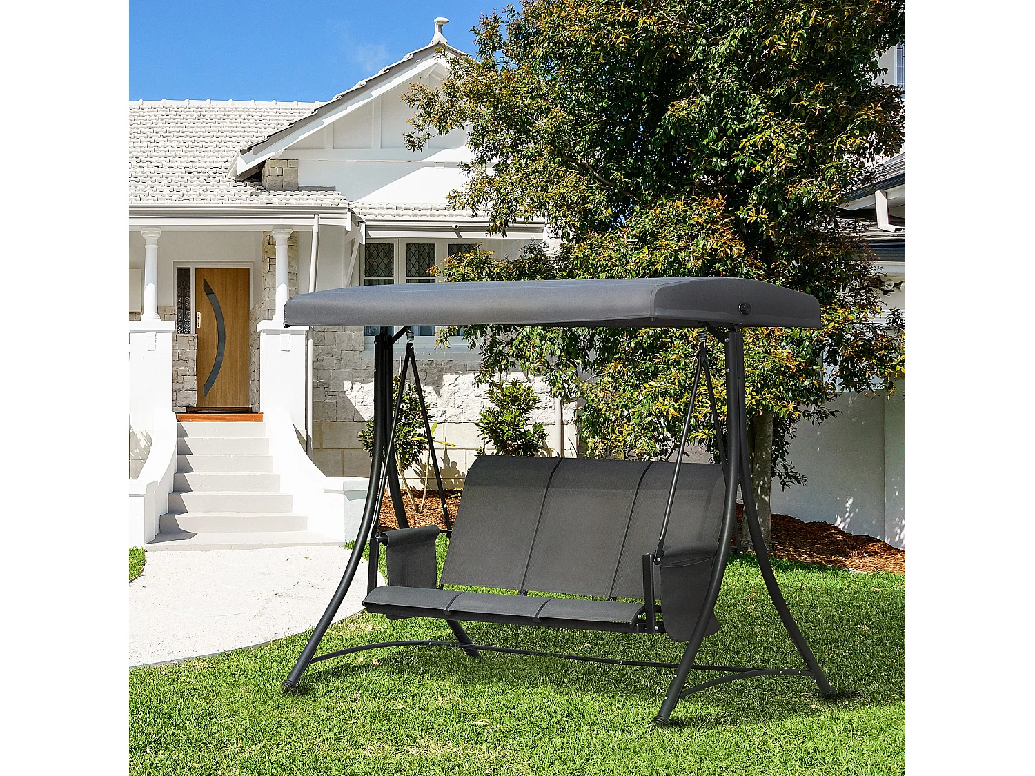 Dondolo 3 Posti da Giardino con Tettuccio Regolabile e Tasche Portaoggetti