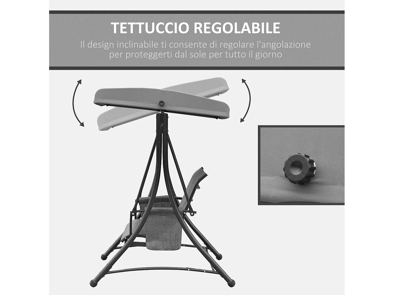 Dondolo 3 Posti da Giardino con Tettuccio Regolabile e Tasche Portaoggetti