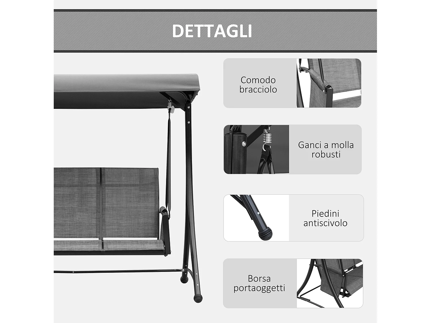 Dondolo 3 Posti da Giardino con Tettuccio Regolabile e Tasche Portaoggetti