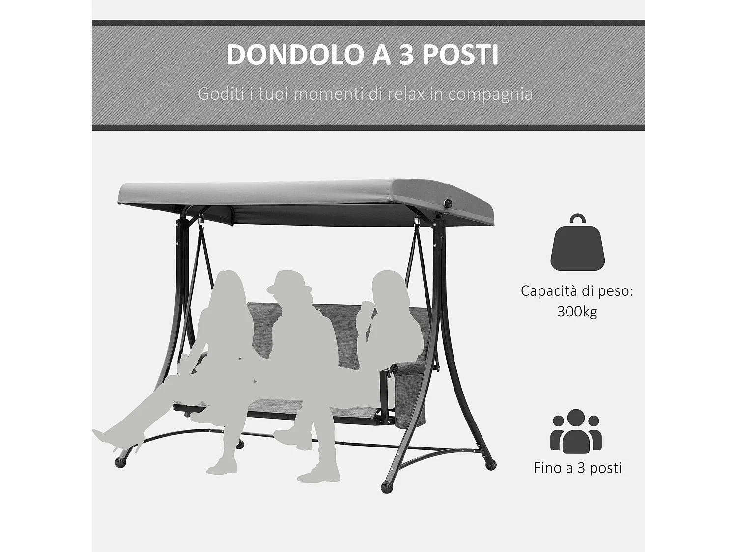 Dondolo 3 Posti da Giardino con Tettuccio Regolabile e Tasche Portaoggetti