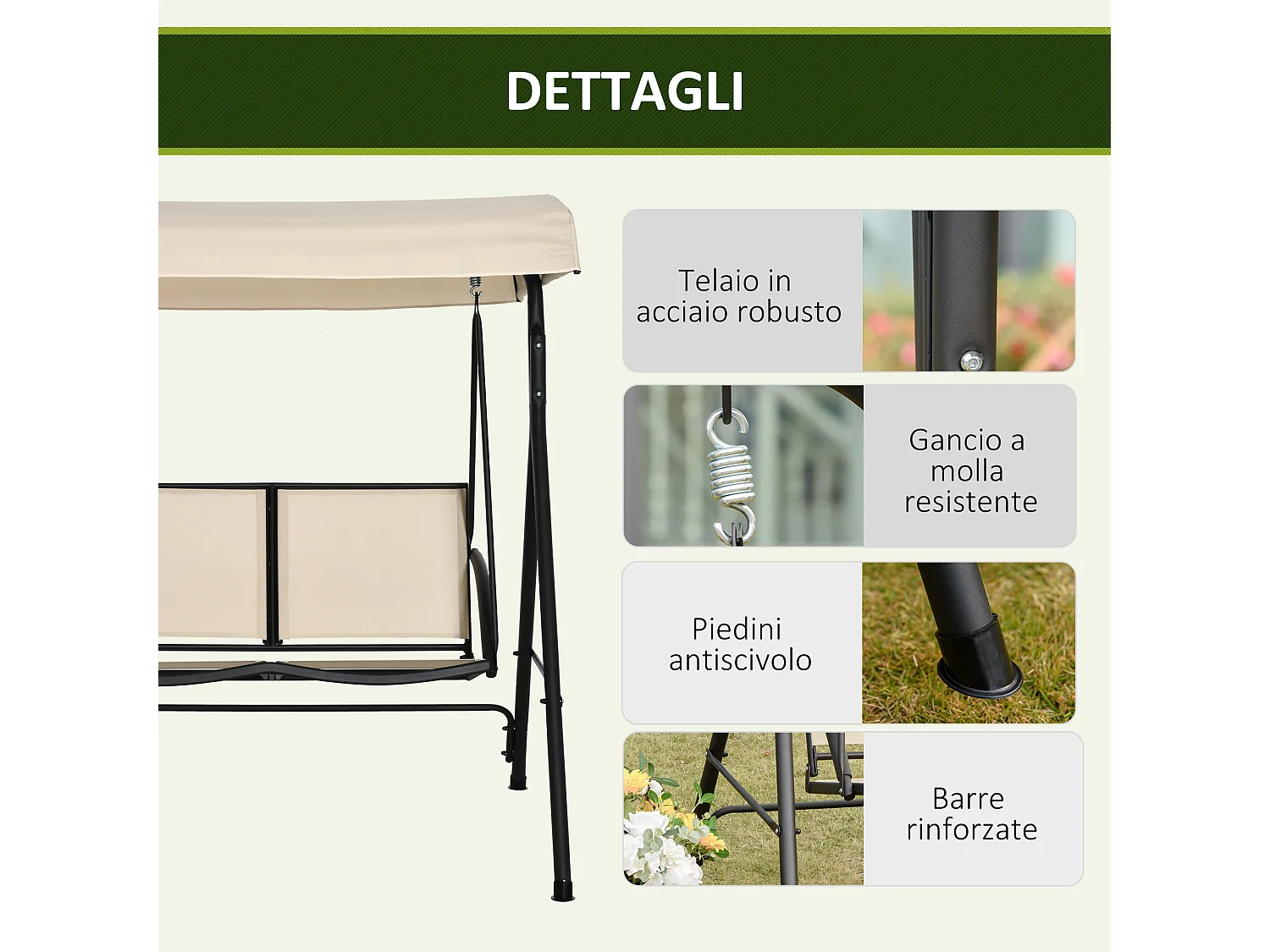 Dondolo a 2 posti da giardino tettuccio regolabile beige
