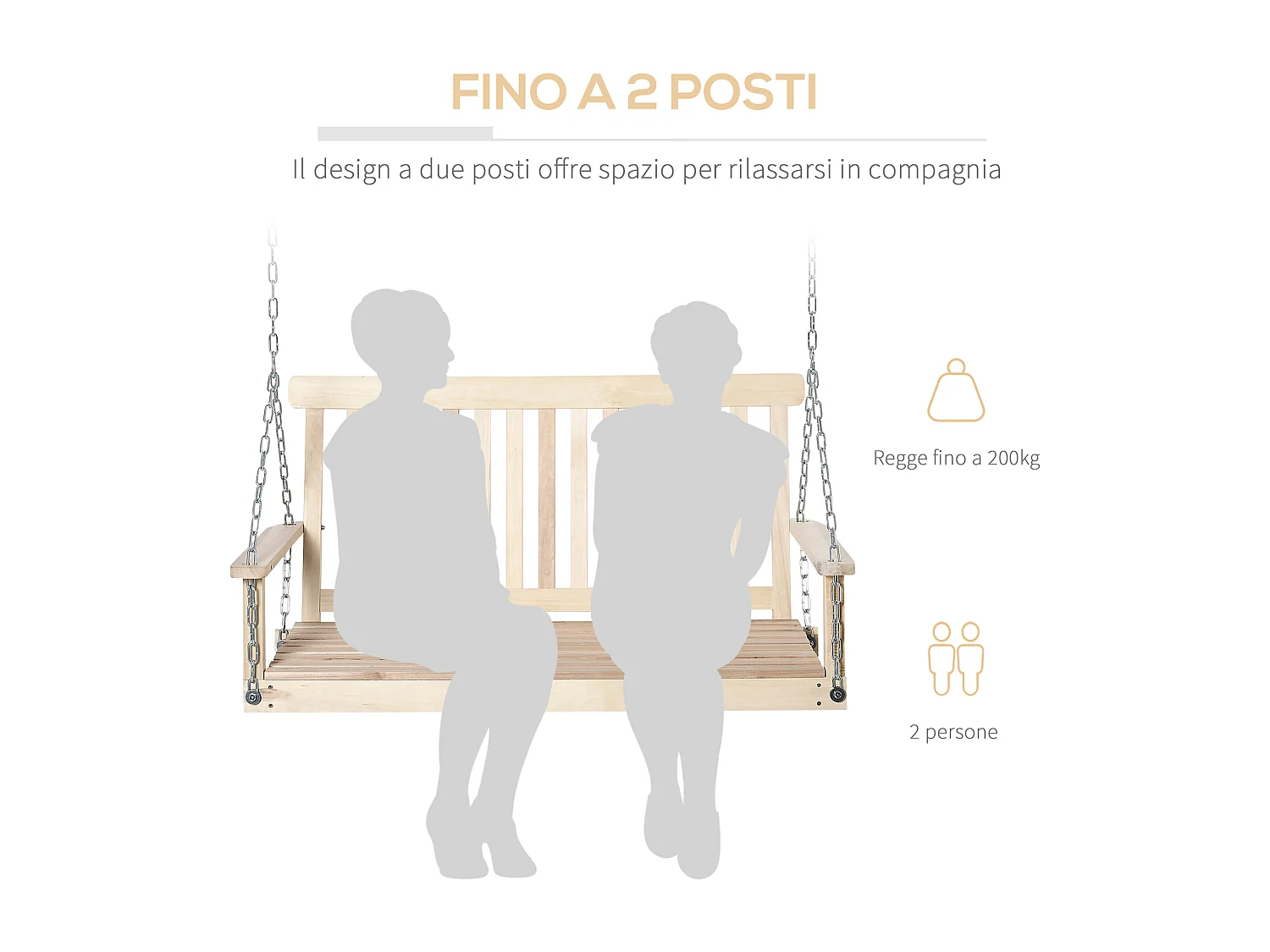 Dondolo da giardino sospeso per 2 persone in legno e catene in metallo