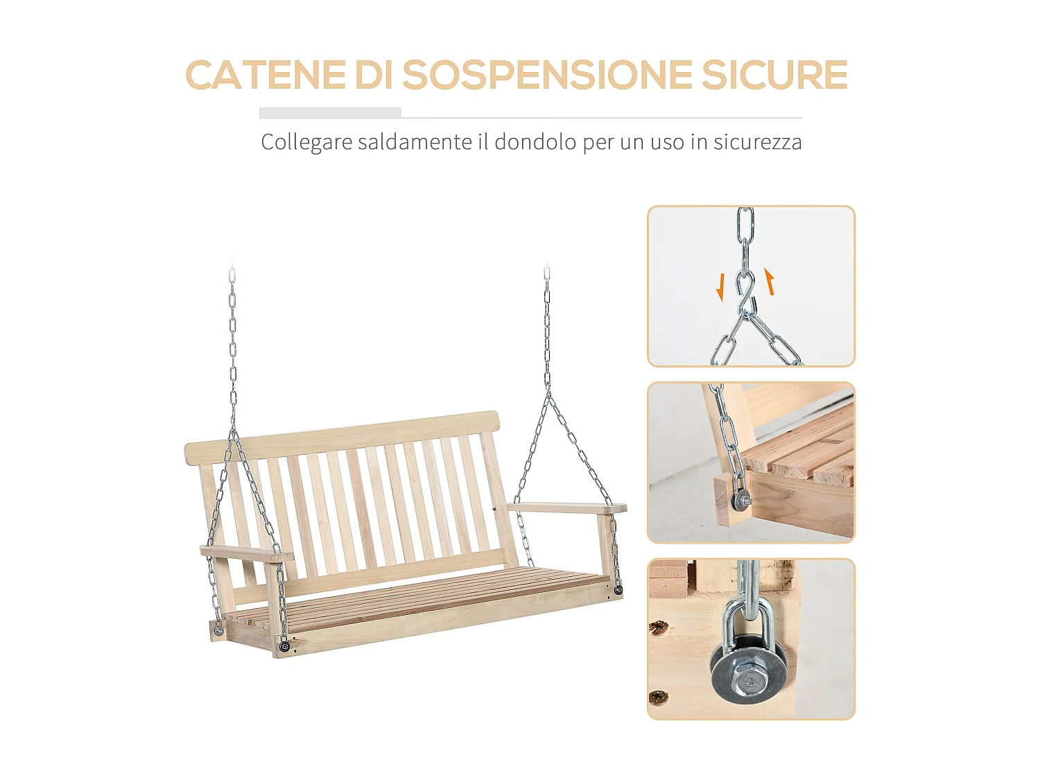 Dondolo da giardino sospeso per 2 persone in legno e catene in metallo