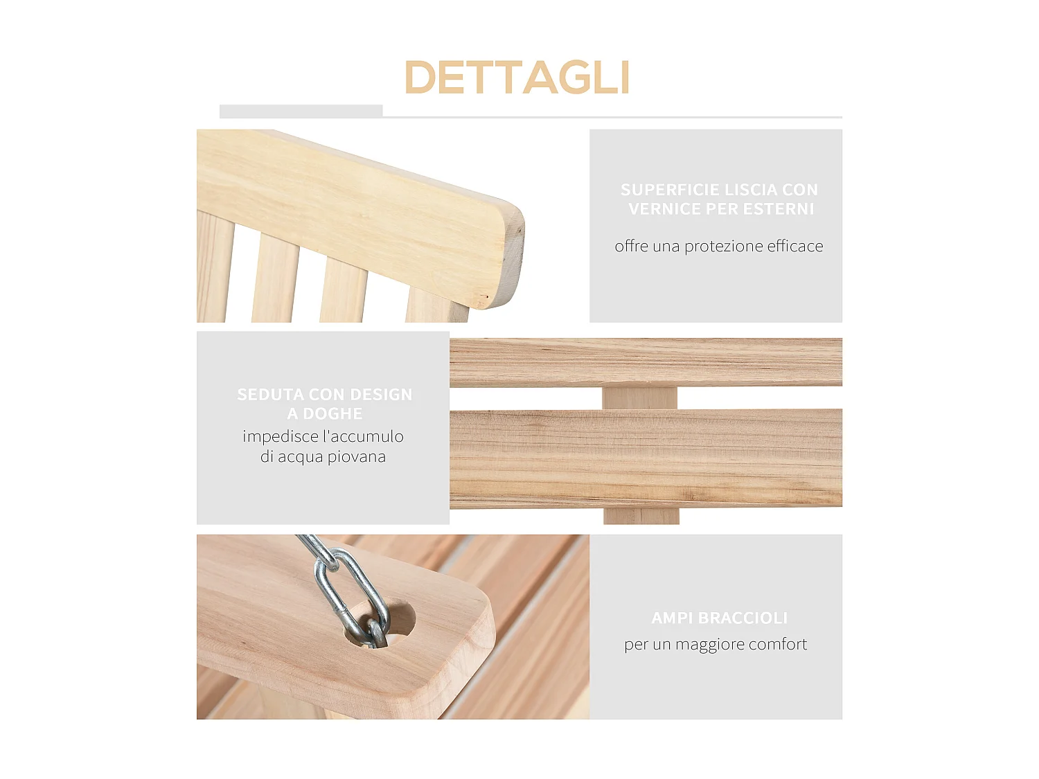 Dondolo da giardino sospeso per 2 persone in legno e catene in metallo