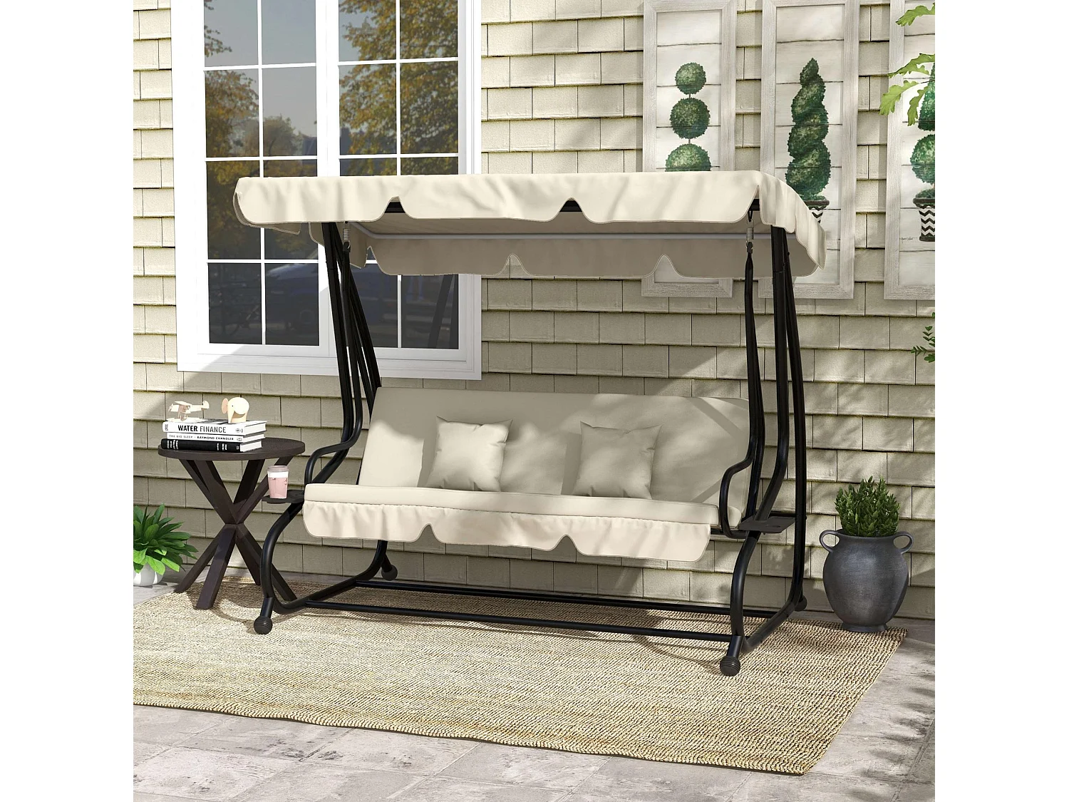 Dondolo letto da giardino regolabile con portabicchieri crema